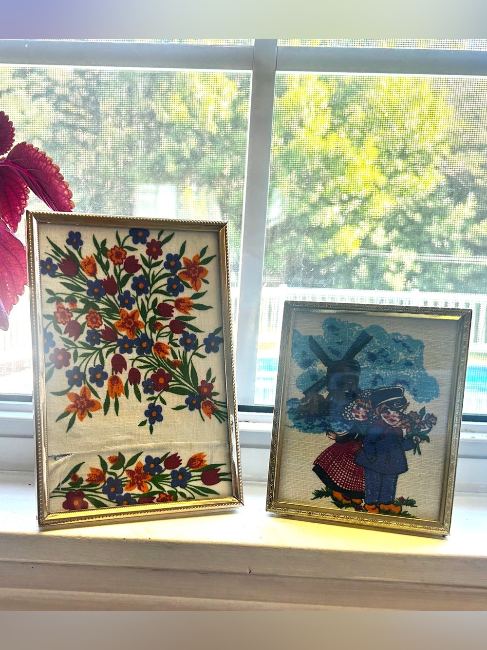 Set of Vintage Brass Plated Frames featuring Upcycled Retro Dutch Textile Art